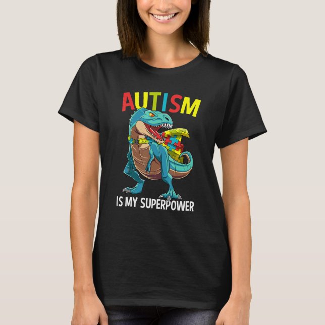 Camiseta Autismo É Meu Super Poder Dinossauro Quebra-cabeça (Frente)