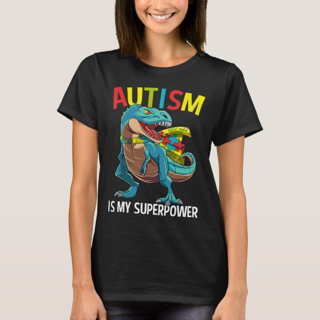 Camiseta Autismo É Meu Super Poder Dinossauro Quebra-cabeça (Frente)