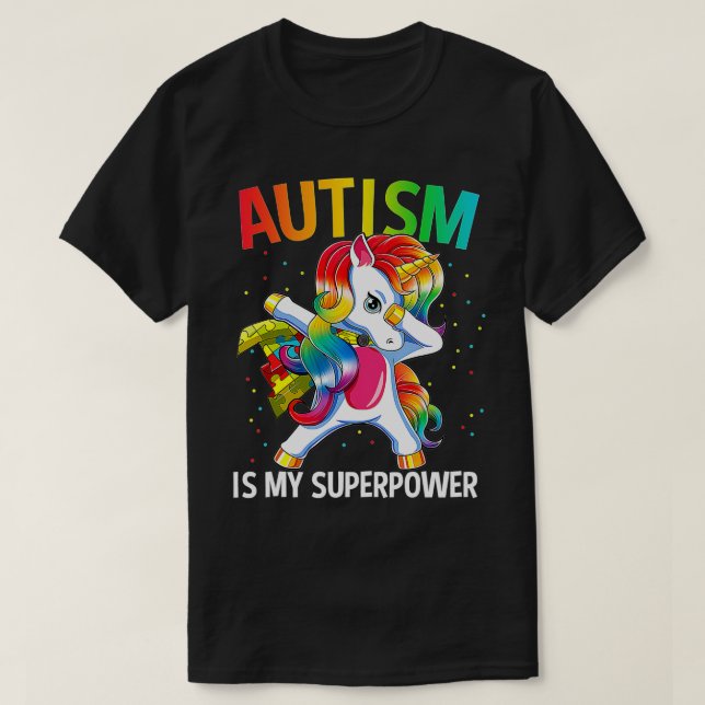 Camiseta Autismo É Meu Superpoder Dabitando Unicórnio (Frente do Design)