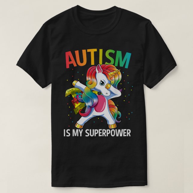 Camiseta Autismo É Meu Superpoder Dabitando Unicórnio (Frente do Design)