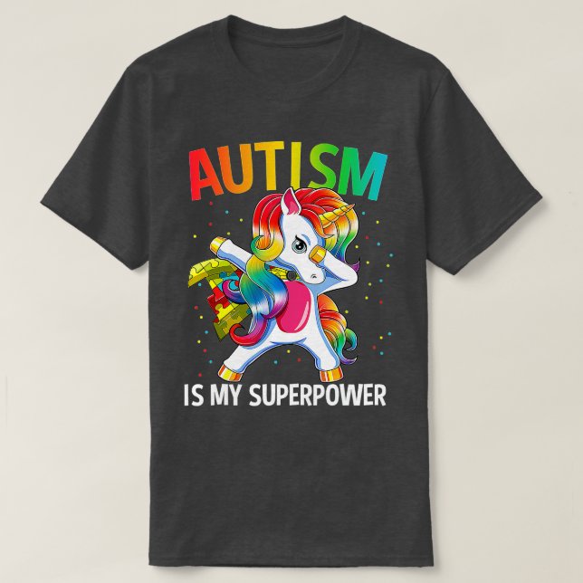Camiseta Autismo É Meu Superpoder Dabitando Unicórnio (Frente do Design)