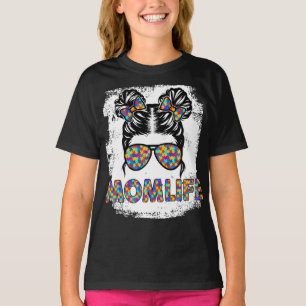 Camiseta Autismo Mãe Vida Mensagem Bun Óculos Solares Banda