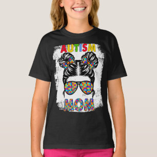 Camiseta Autismo Mãe Vida Mensagem Bun Óculos Solares Banda