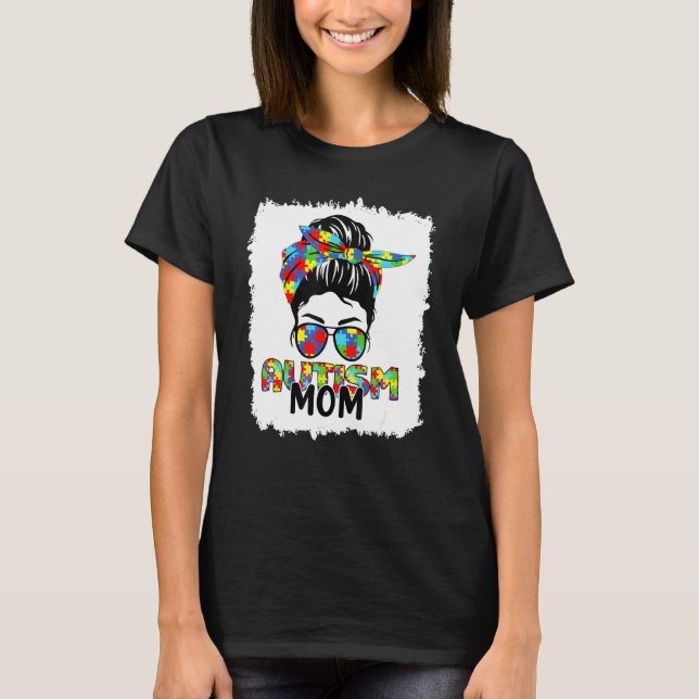 Camiseta Autismo Mãe Vida Mensagem Bun Óculos Solares Banda (Frente)