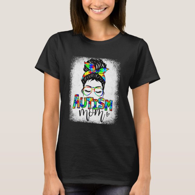 Camiseta Autismo Mãe Vida Mensagem Bun Óculos Solares Banda (Frente)