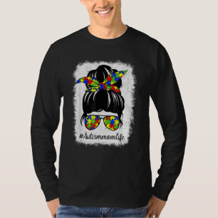 Camiseta Autismo Mãe Vida Mensagem Bun Óculos Solares Banda