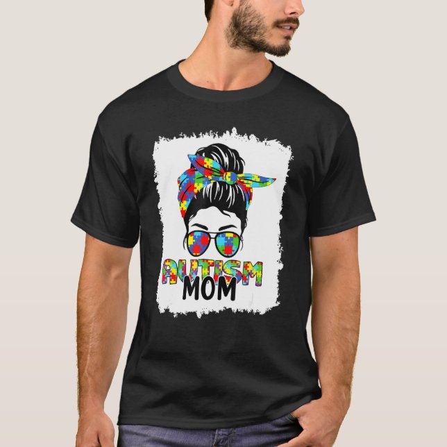 Camiseta Autismo Mãe Vida Mensagem Bun Óculos Solares Banda (Frente)