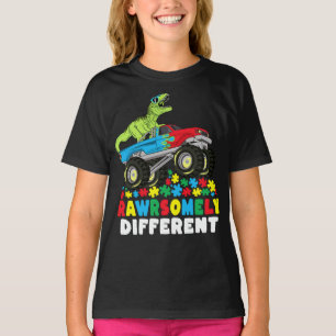 Camiseta Autismo Monstro de Caminhões T Rex Diferente