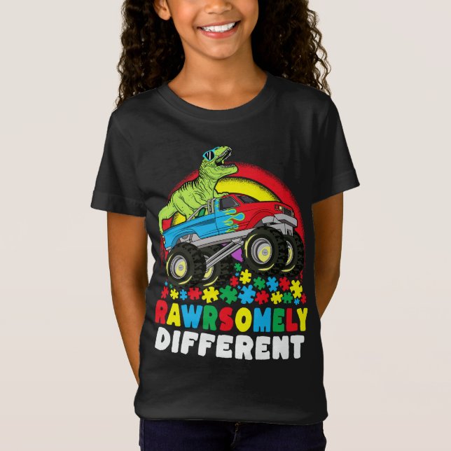 Camiseta Autismo Monstro de Caminhões T Rex Diferente (Frente)
