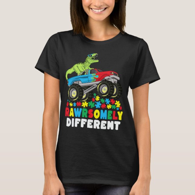Camiseta Autismo Monstro de Caminhões T Rex Diferente (Frente)