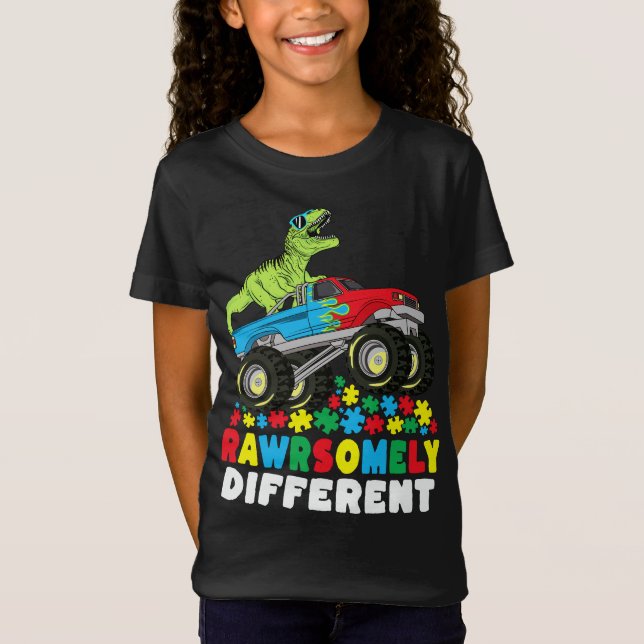 Camiseta Autismo Monstro de Caminhões T Rex Diferente (Frente)