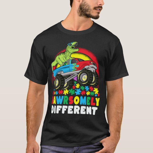 Camiseta Autismo Monstro de Caminhões T Rex Diferente (Frente)