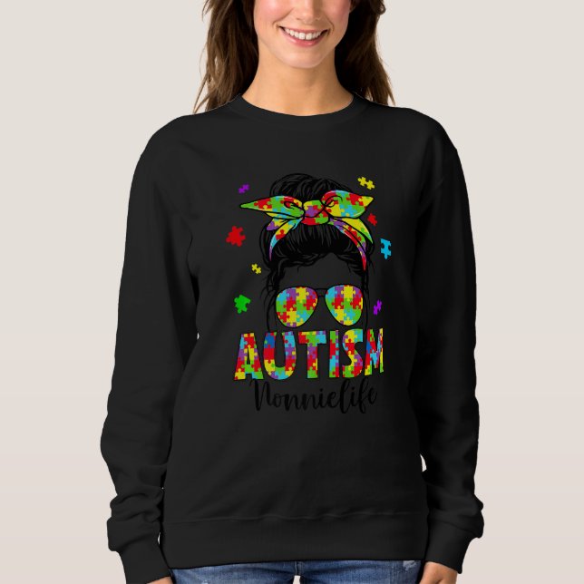 Camiseta Autismo Nonnie Messy Bun Quebra-cabeça Sunglass Mo (Frente)