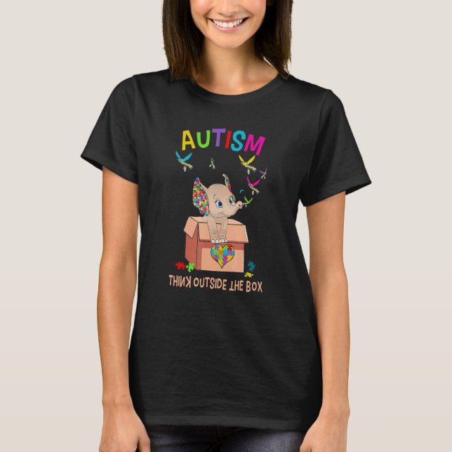 Camiseta Autismo Pense Fora da Caixa Elefante Fofo Peça de  (Frente)