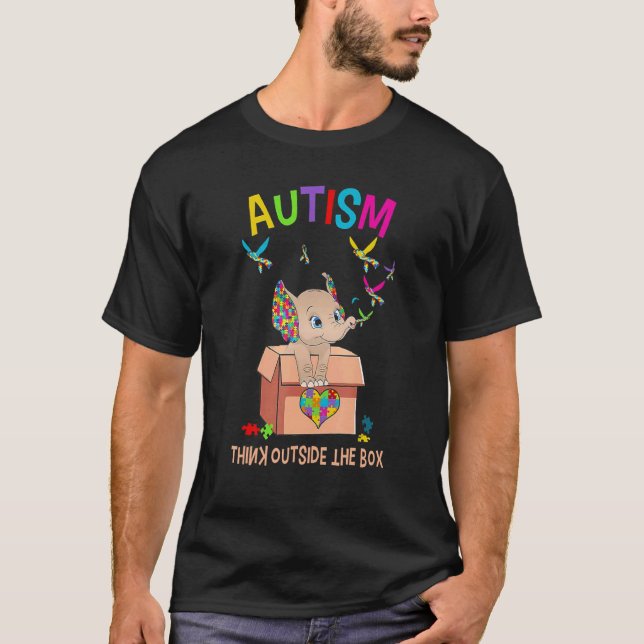 Camiseta Autismo Pense Fora da Caixa Elefante Fofo Peça de  (Frente)