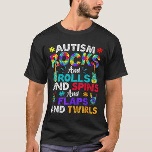Camiseta Autismo Rocks Rolls Spins Flaps Conscientização Cr