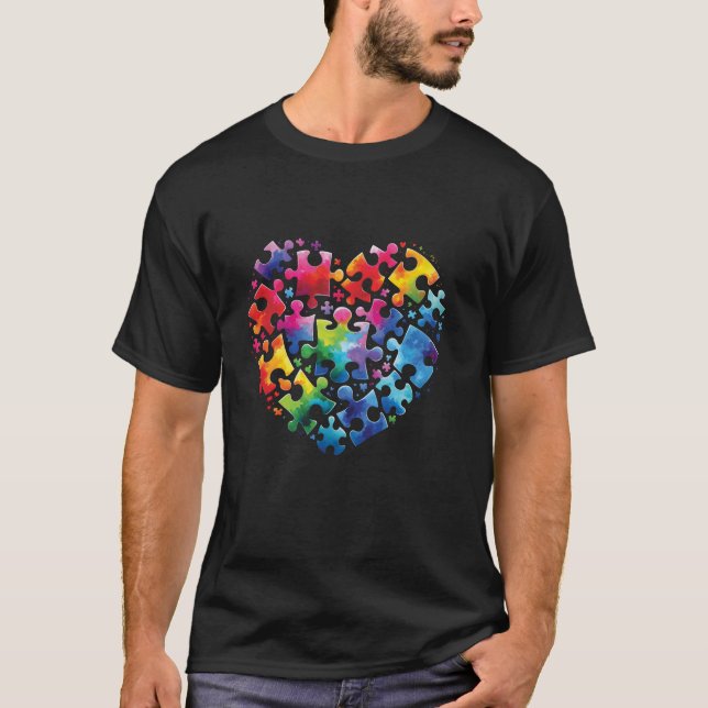 Camiseta Autismo Sensibilização Colorida Quebra-cabeça Hear (Frente)