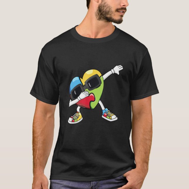 Camiseta Autismo Sensibilização Dabbing Heart Quebra-cabeça (Frente)