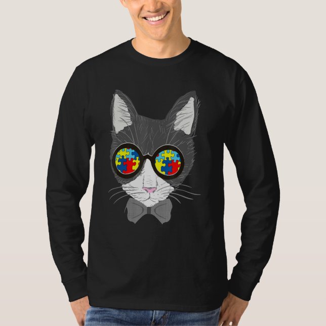 Camiseta Autismo Sensibilização Gato Rosto Óculos escuros Q (Frente)