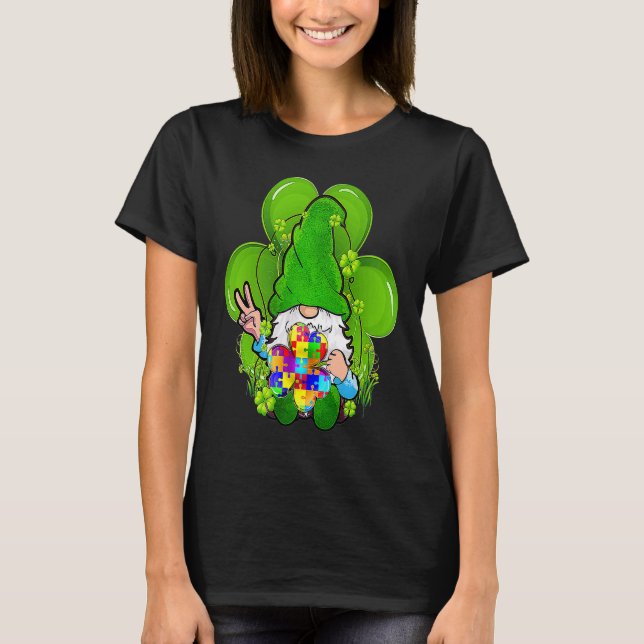 Camiseta Autismo Sensibilização Gnomos Shamrock Dia de São  (Frente)