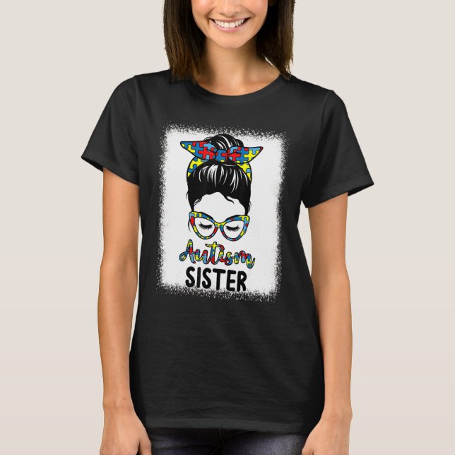 Camiseta Autismo Sensibilização Irmã Messer Bun Bleached Mo (Frente)