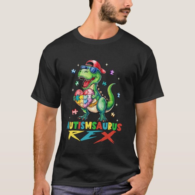 Camiseta Autismsaurus rex Consciência do Autismo Coração T  (Frente)