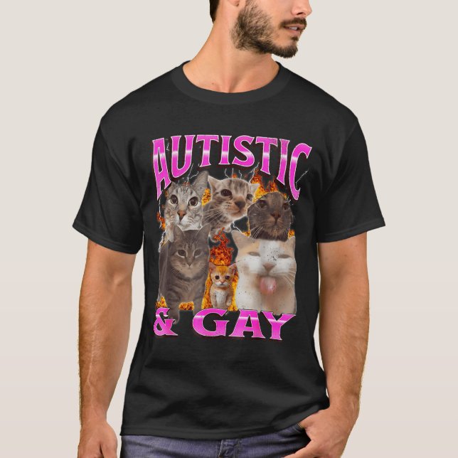 Camiseta Autistic And Gay Funny Cat Meme Bootleg Graphic  (Frente)