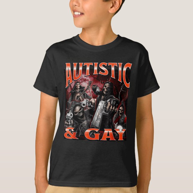 Camiseta Autistic And Gay Funny Hard Skeleton Meme Bootleg  (Frente)
