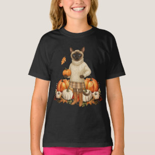 Camiseta Autumn Cat com abóboras para amantes de Cat Siames