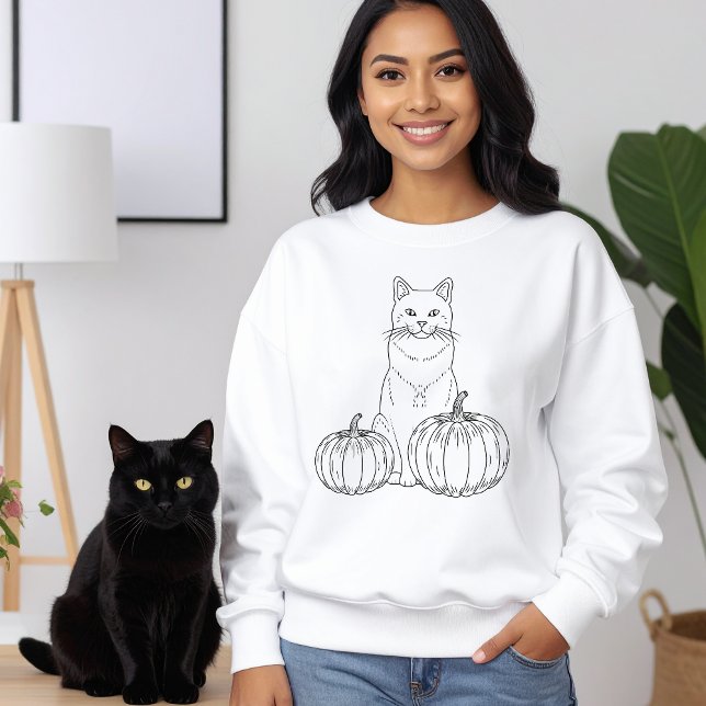 Camiseta Autumn Cat Com Pumpkins Line Art Cute Halloween (Disclaimer: This image is a digital mockup.)
