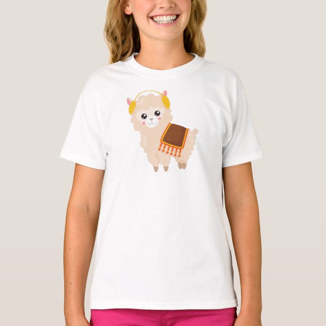 Camiseta Autumn Llama, Cute Llama, Cute Alpaca, Ear Muff (Frente)
