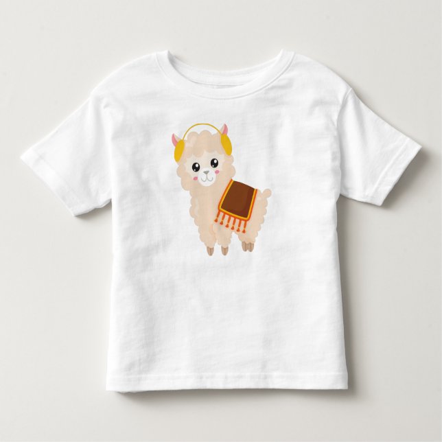 Camiseta Autumn Llama, Cute Llama, Cute Alpaca, Ear Muff (Frente)