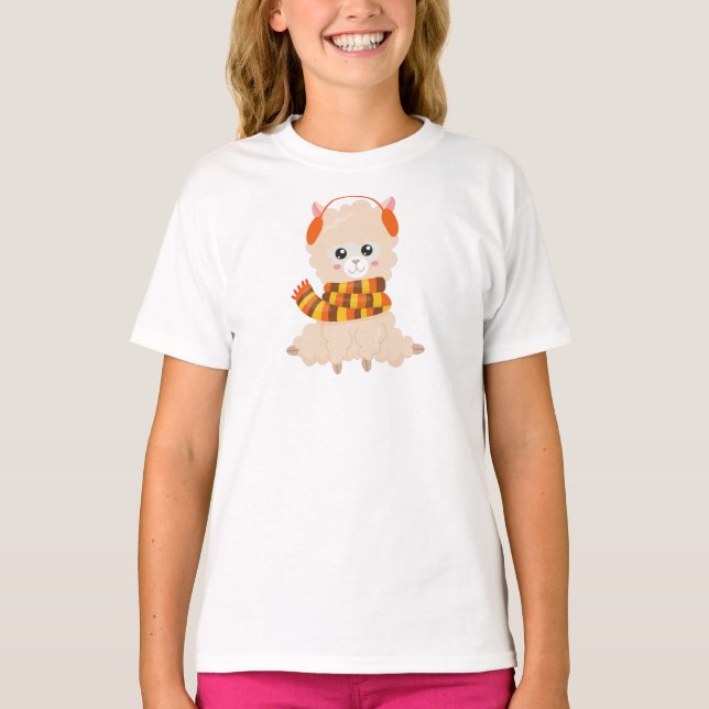 Camiseta Autumn Llama, Cute Llama, Llama Com Scarf, Alpaca (Frente)