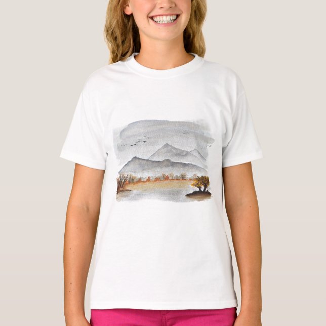 Camiseta Autumn Mountain Lake Landscape Aquarela Pacífica (Frente)