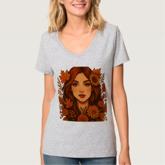 Camiseta Autumn Muse - Mulher com Flores de Queda