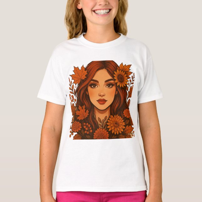 Camiseta Autumn Muse - Mulher com Flores de Queda (Frente)