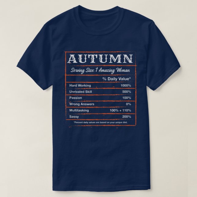 Camiseta Autumn Nutrition Facts First Name Personalized Nic (Frente do Design)
