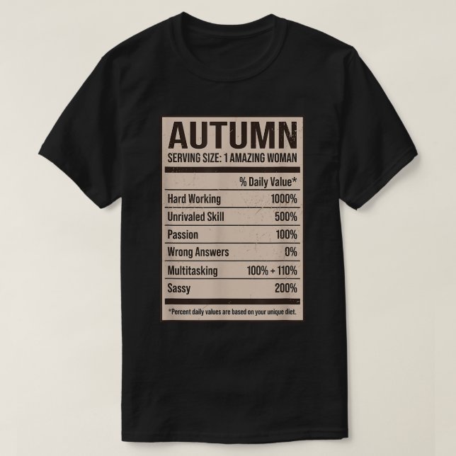 Camiseta Autumn Nutrition Facts Name Nickname Alias Title F (Frente do Design)