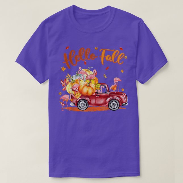 Camiseta Autumn Pink Flamingo Hello Fall, Pumpkin Truck Tha (Frente do Design)