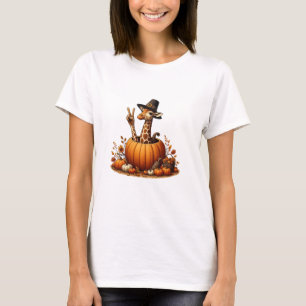 Camiseta Autumn Pumpkin Cai Giraffe Ação de Graças Mulheres