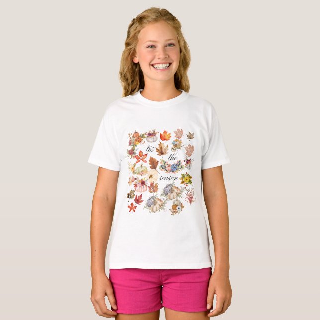 Camiseta Autumn Pumpkin Floral Leaves Art (Frente Completa)