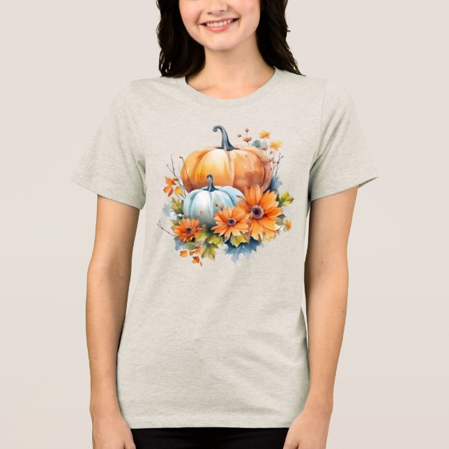 Camiseta Autumn Pumpkins com Flores e Folhagem (Frente)