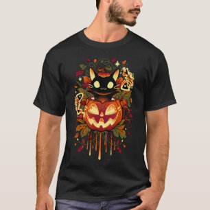 Camiseta Autumn Tricks - Gato Preto e Abóbora de Halloween