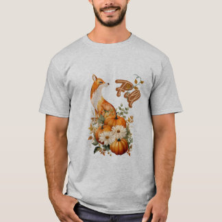 Camiseta Autumn Whimsy: Fox, Pumpkins e Folhagem de Queda