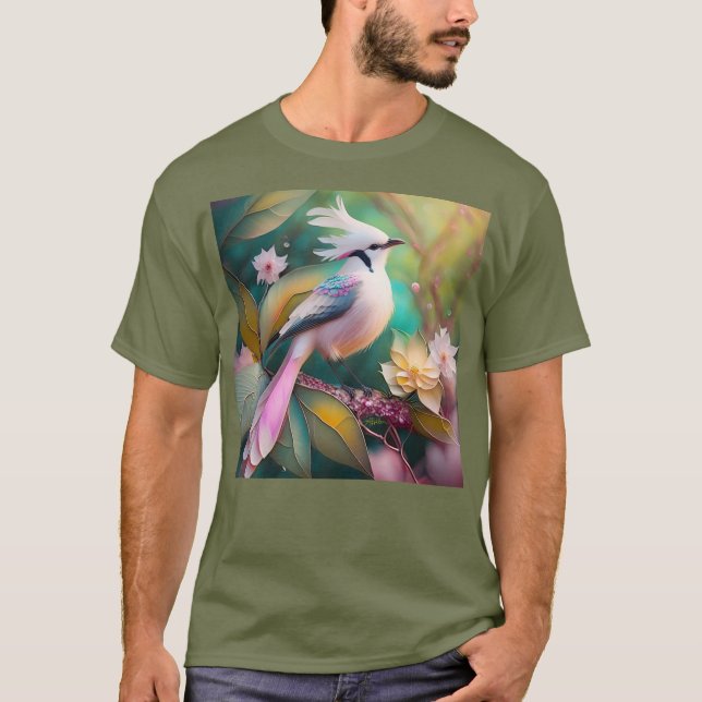 Camiseta Ave de Fantasia Jay com Crista Branca e Cauda Rosa (Frente)