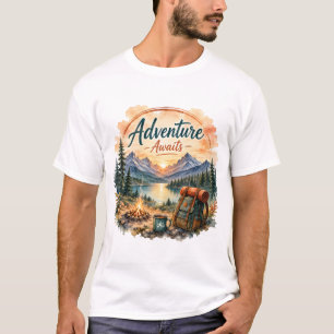 Camiseta Aventura Aguarda Camping no Lago da Montanha ao Pô