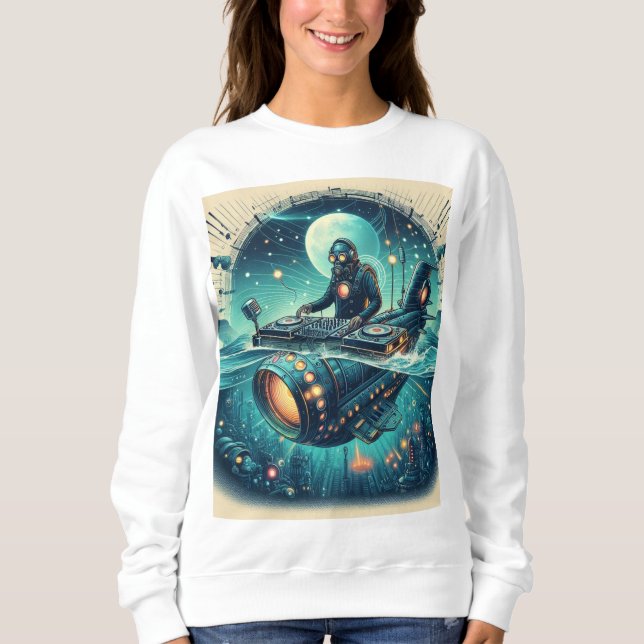Camiseta Aventura com DJ Pilotando um submarino Steampunk! (Frente)