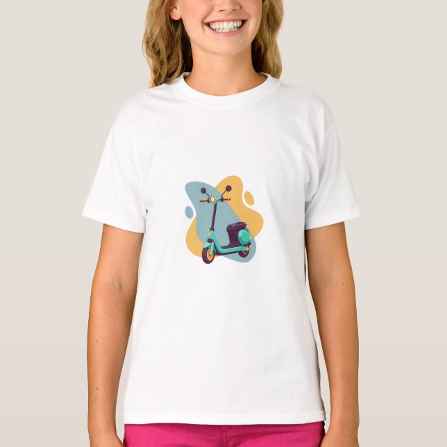 Camiseta Aventura de Patinete Azul Turquesa para Crianças (Frente)