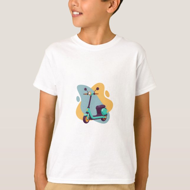 Camiseta Aventura de Patinete Azul Turquesa para Crianças (Frente)
