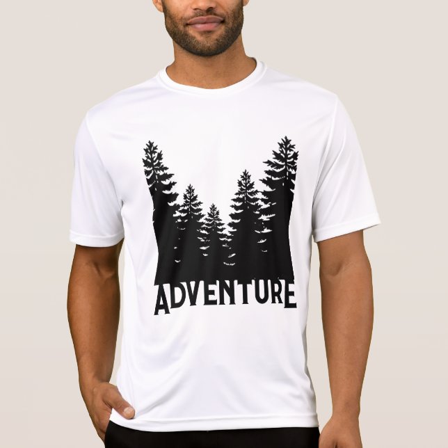 Camiseta Aventura de pinheiro branco-preto gráfico minimali (Frente)